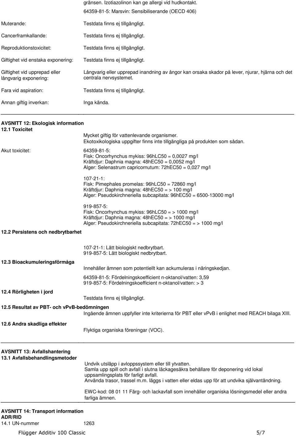 tillgängligt Långvarig eller upprepad inandning av ångor kan orsaka skador på lever, njurar, hjärna och det centrala nervsystemet Testdata finns ej tillgängligt Inga kända AVSNITT 12: Ekologisk