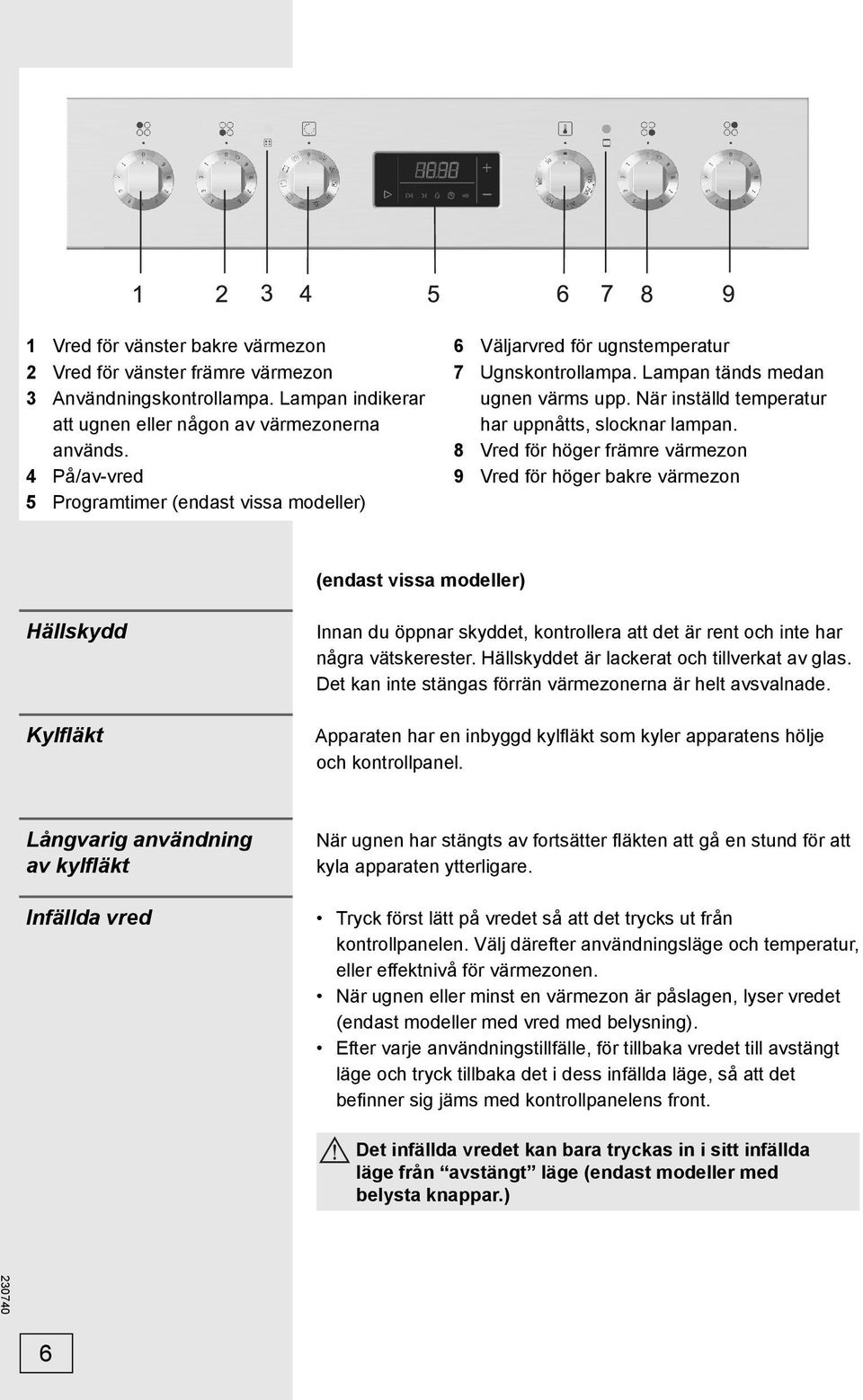 8 Vred för höger främre värmezon 9 Vred för höger bakre värmezon (endast vissa modeller) Hällskydd Kylfläkt Innan du öppnar skyddet, kontrollera att det är rent och inte har några vätskerester.