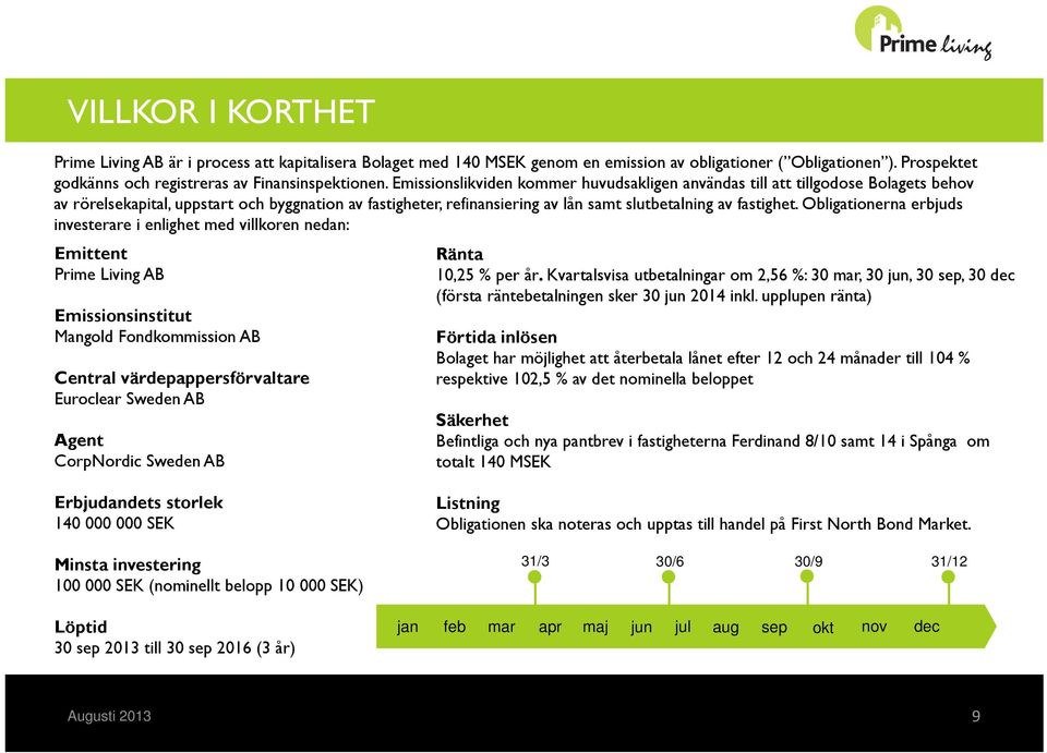 Obligationerna erbjuds investerare i enlighet med villkoren nedan: Emittent Prime Living AB Emissionsinstitut Mangold Fondkommission AB Central värdepappersförvaltare Euroclear Sweden AB Agent