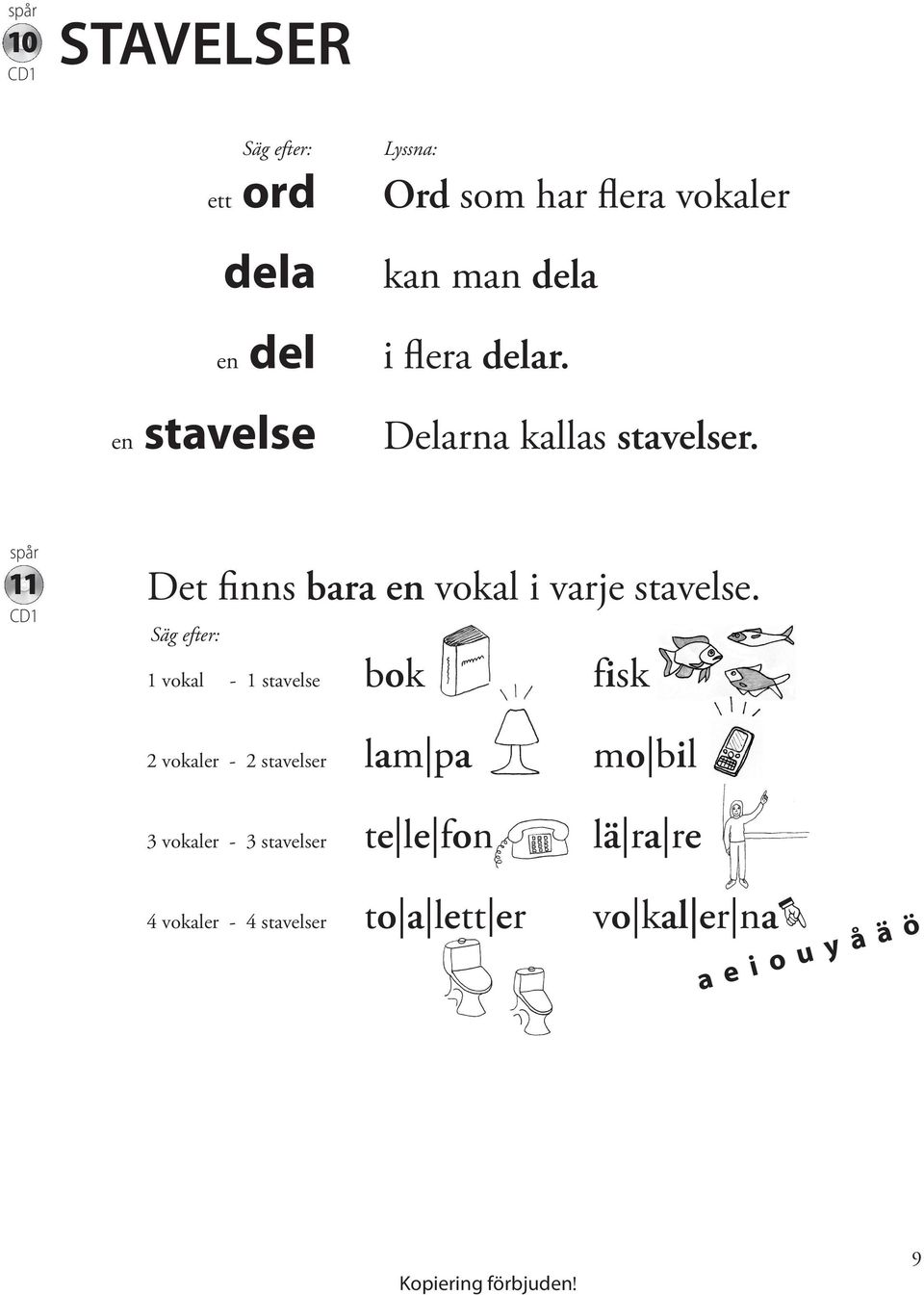 1 vokal - 1 stavelse bok fisk 2 vokaler - 2 stavelser lam pa mo bil 3 vokaler - 3 stavelser te le