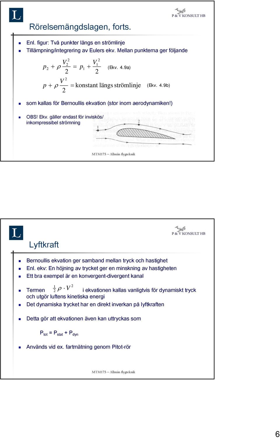 gäller endast för inviskös/ inkompressibel strömning Lyftkraft Bernoullis ekvation ger samband mellan tryck och hastighet Enl.