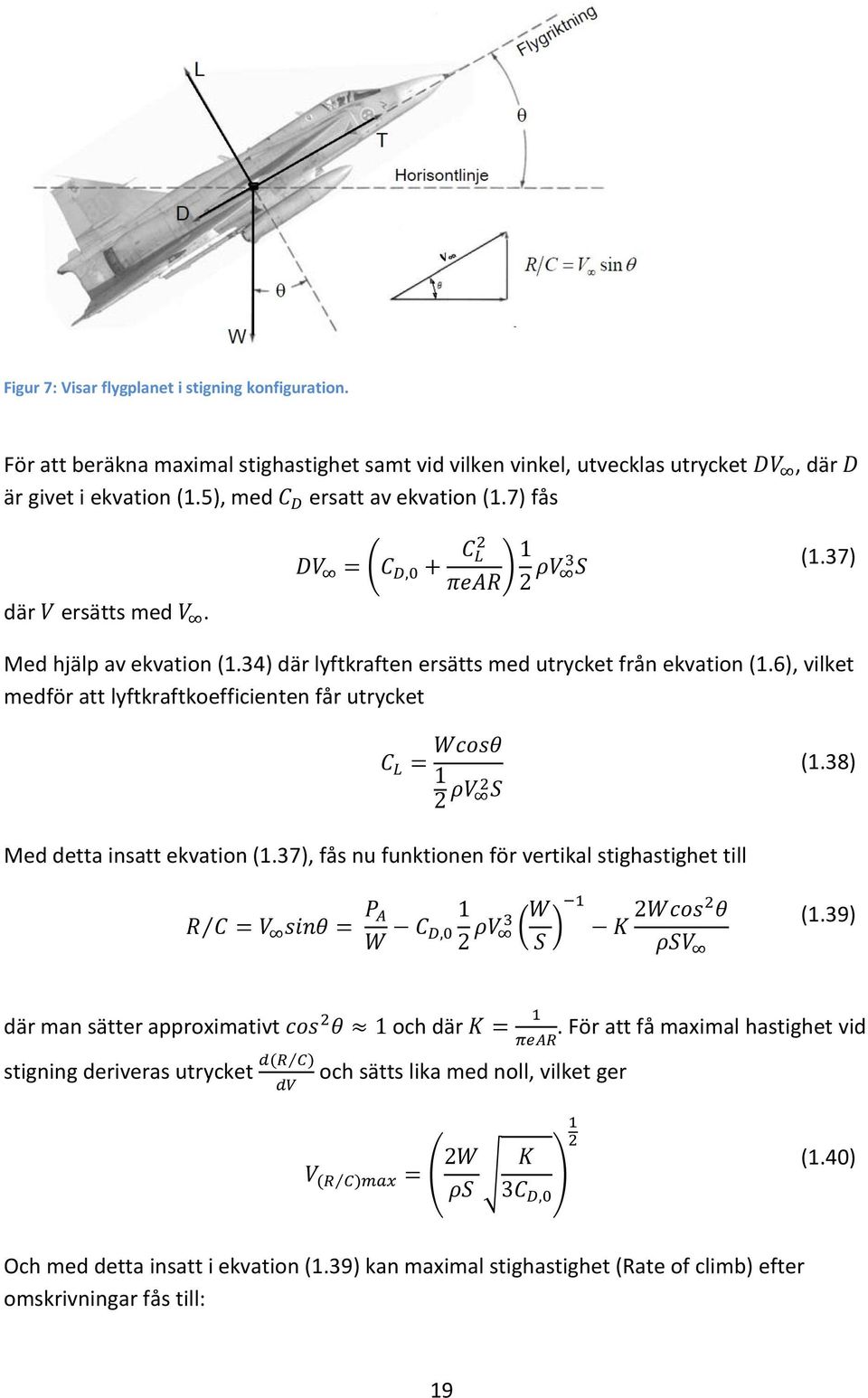 6), vilket medför att lyftkraftkoefficienten får utrycket (1.38) Med detta insatt ekvation (1.37), fås nu funktionen för vertikal stighastighet till ( ) (1.