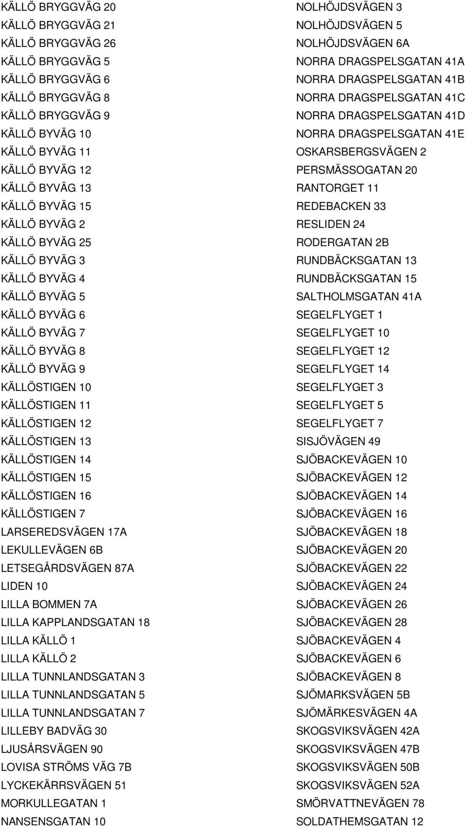 14 KÄLLÖSTIGEN 15 KÄLLÖSTIGEN 16 KÄLLÖSTIGEN 7 LARSEREDSVÄGEN 17A LEKULLEVÄGEN 6B LETSEGÅRDSVÄGEN 87A LIDEN 10 LILLA BOMMEN 7A LILLA KAPPLANDSGATAN 18 LILLA KÄLLÖ 1 LILLA KÄLLÖ 2 LILLA TUNNLANDSGATAN