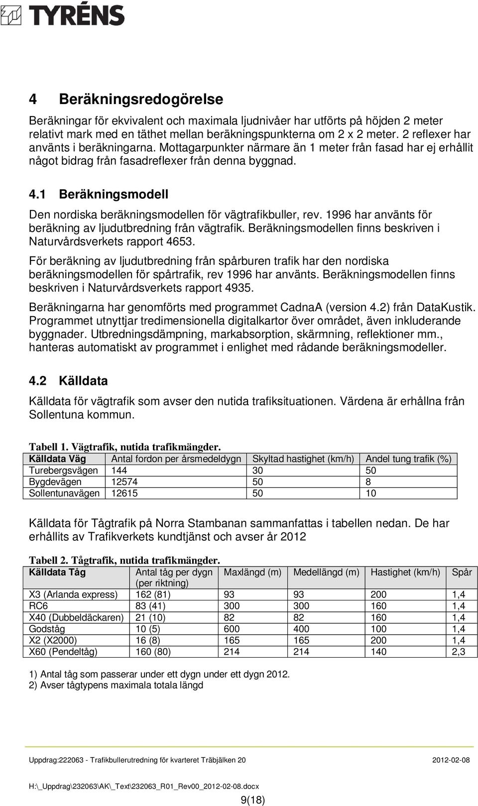 1 Beräkningsmodell Den nordiska beräkningsmodellen för vägtrafikbuller, rev. 1996 har använts för beräkning av ljudutbredning från vägtrafik.