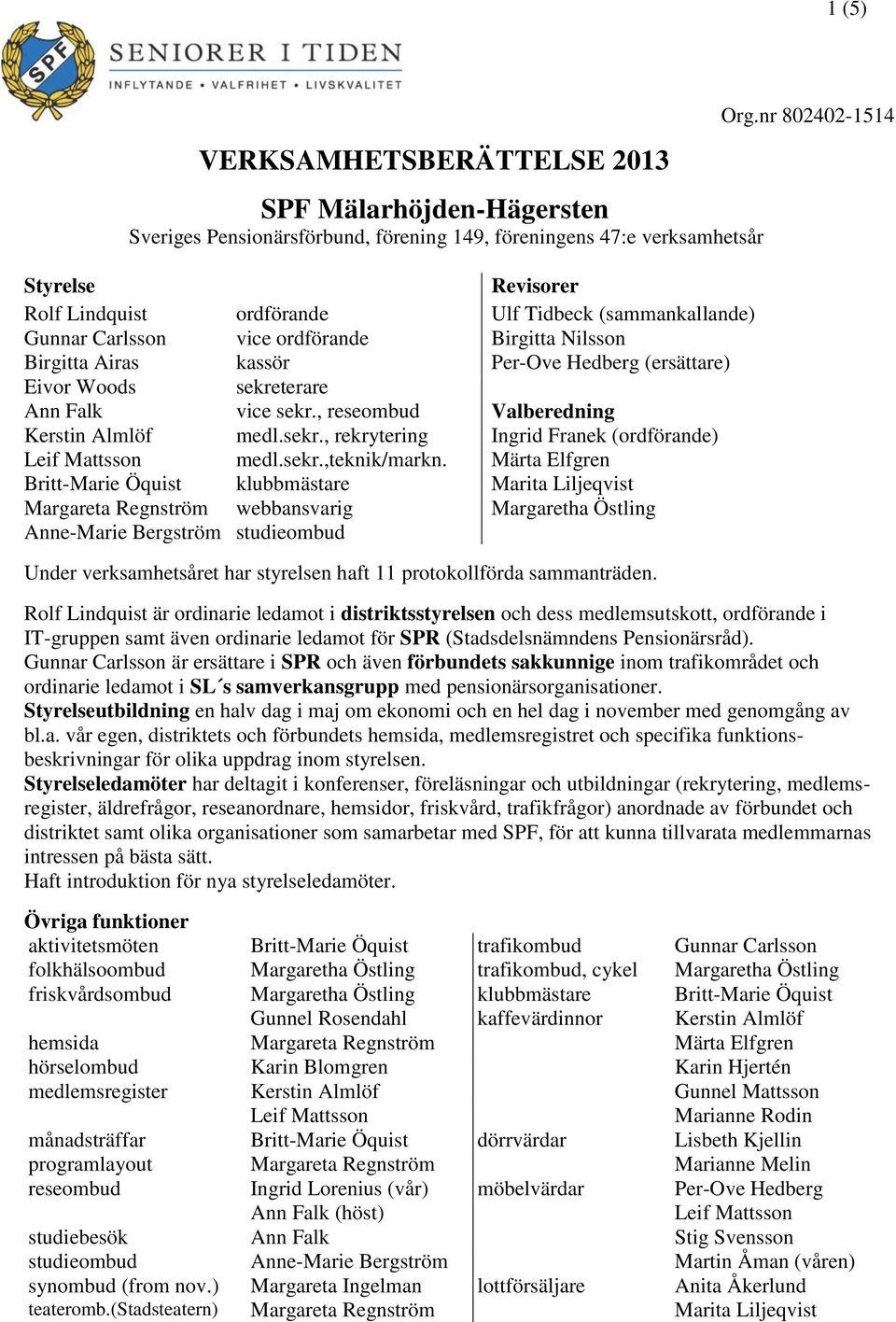 , reseombud Valberedning Kerstin Almlöf medl.sekr., rekrytering Ingrid Franek (ordförande) Leif Mattsson medl.sekr.,teknik/markn.