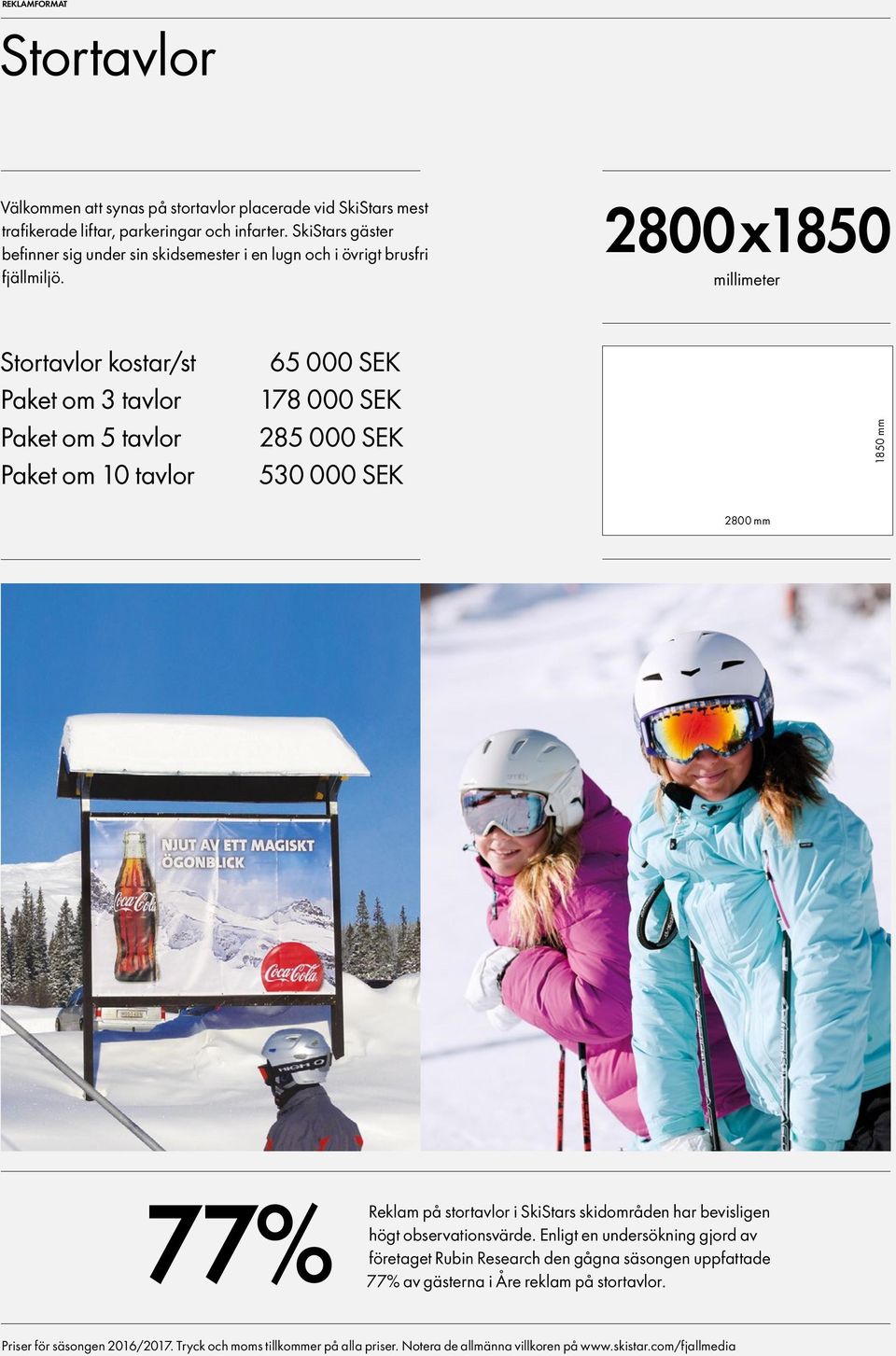 2800 x1850 millimeter Stortavlor kostar/st Paket om 3 tavlor Paket om 5 tavlor Paket om 10 tavlor 65 000 SEK 178 000 SEK 285 000 SEK 530 000 SEK 1850 mm 2800 mm 77% Reklam på