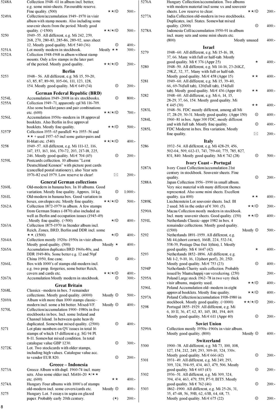 Mostly good quality. Mi 540 (36) 400:- 5251A Lot mostly modern in stockbook. Mostly éé 300:- 5252A Collection 1948-1968 in album without stamp mounts.