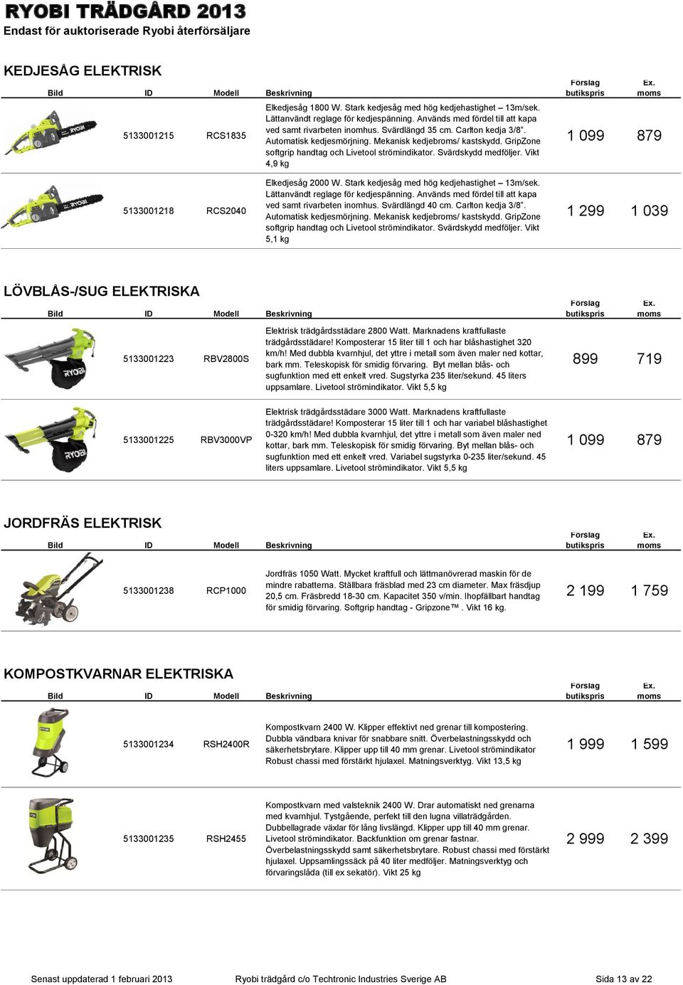 GripZone softgrip handtag och Livetool strömindikator. Svärdskydd medföljer. Vikt 4,9 kg 1 099 879 5133001218 RCS2040 Elkedjesåg 2000 W. Stark kedjesåg med hög kedjehastighet 13m/sek.