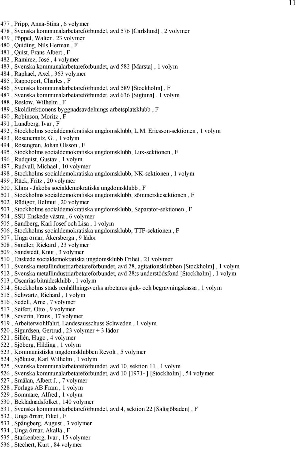 [Stockholm], F 487, Svenska kommunalarbetareförbundet, avd 636 [Sigtuna], 1 volym 488, Reslow, Wilhelm, F 489, Skoldirektionens byggnadsavdelnings arbetsplatsklubb, F 490, Robinson, Moritz, F 491,