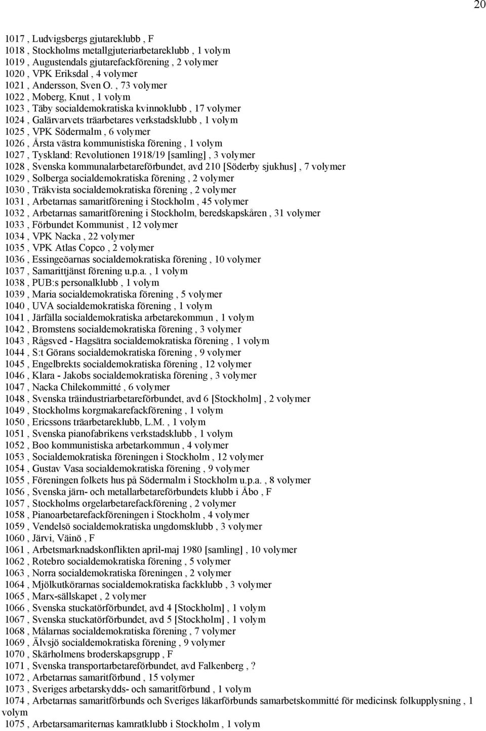 västra kommunistiska förening, 1 volym 1027, Tyskland: Revolutionen 1918/19 [samling], 3 volymer 1028, Svenska kommunalarbetareförbundet, avd 210 [Söderby sjukhus], 7 volymer 1029, Solberga