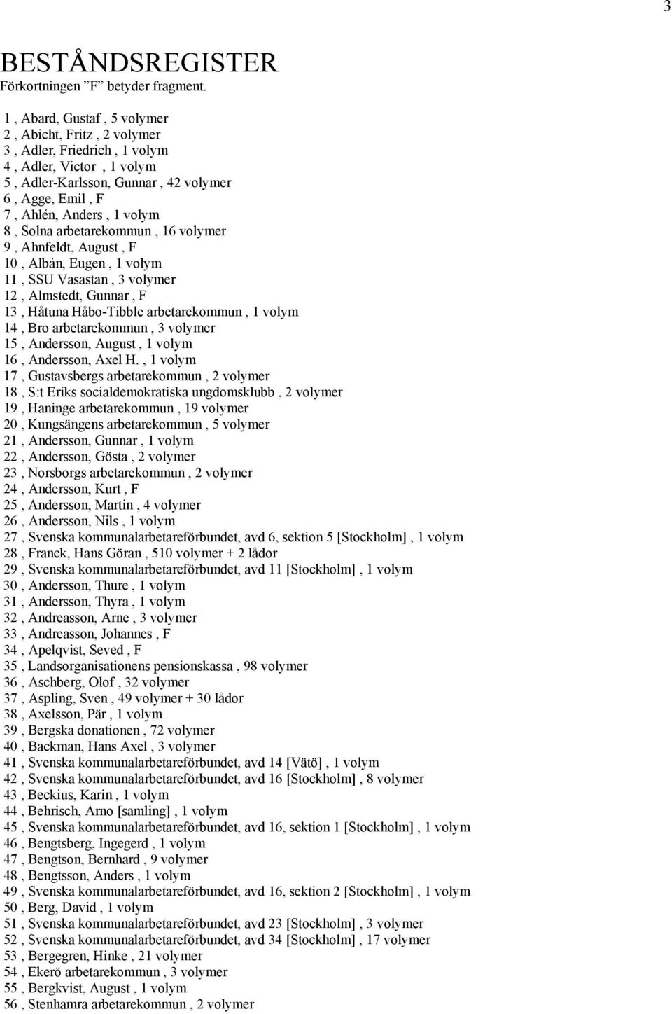 Solna arbetarekommun, 16 volymer 9, Ahnfeldt, August, F 10, Albán, Eugen, 1 volym 11, SSU Vasastan, 3 volymer 12, Almstedt, Gunnar, F 13, Håtuna Håbo-Tibble arbetarekommun, 1 volym 14, Bro