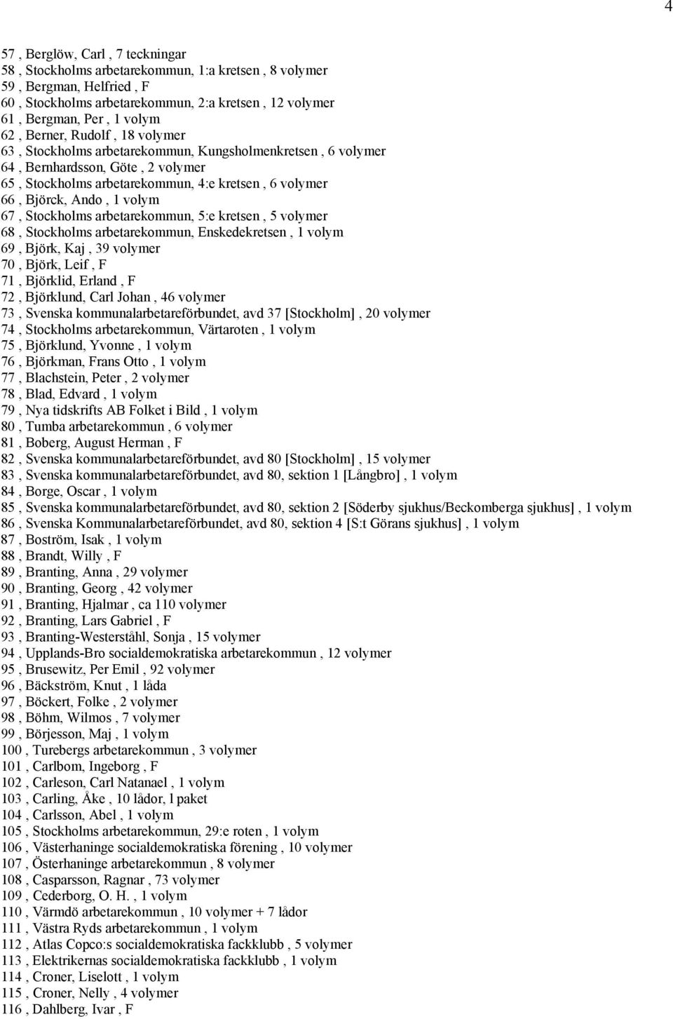 volym 67, Stockholms arbetarekommun, 5:e kretsen, 5 volymer 68, Stockholms arbetarekommun, Enskedekretsen, 1 volym 69, Björk, Kaj, 39 volymer 70, Björk, Leif, F 71, Björklid, Erland, F 72, Björklund,