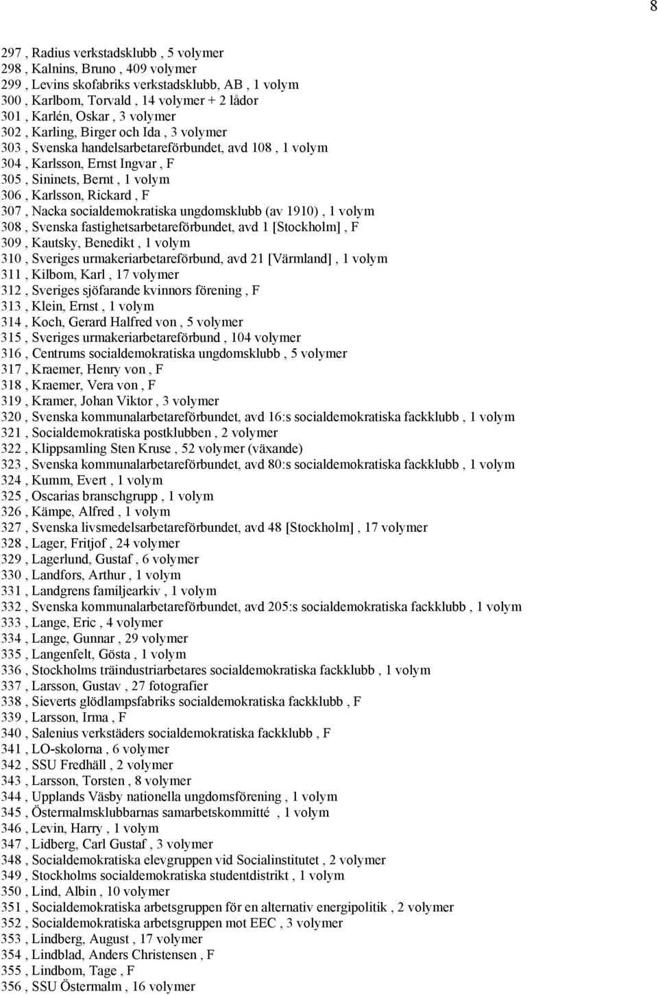 socialdemokratiska ungdomsklubb (av 1910), 1 volym 308, Svenska fastighetsarbetareförbundet, avd 1 [Stockholm], F 309, Kautsky, Benedikt, 1 volym 310, Sveriges urmakeriarbetareförbund, avd 21