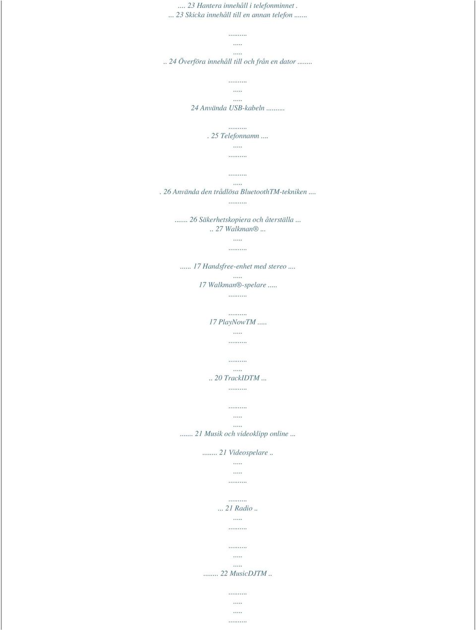 ... 26 Använda den trådlösa BluetoothTM-tekniken..... 26 Säkerhetskopiera och återställa..... 27 Walkman.