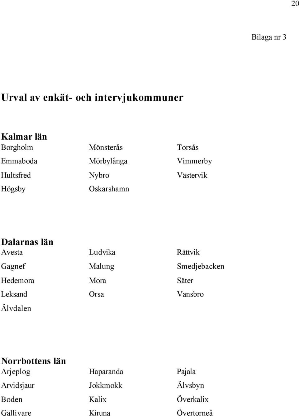 Rättvik Gagnef Malung Smedjebacken Hedemora Mora Säter Leksand Orsa Vansbro Älvdalen Norrbottens