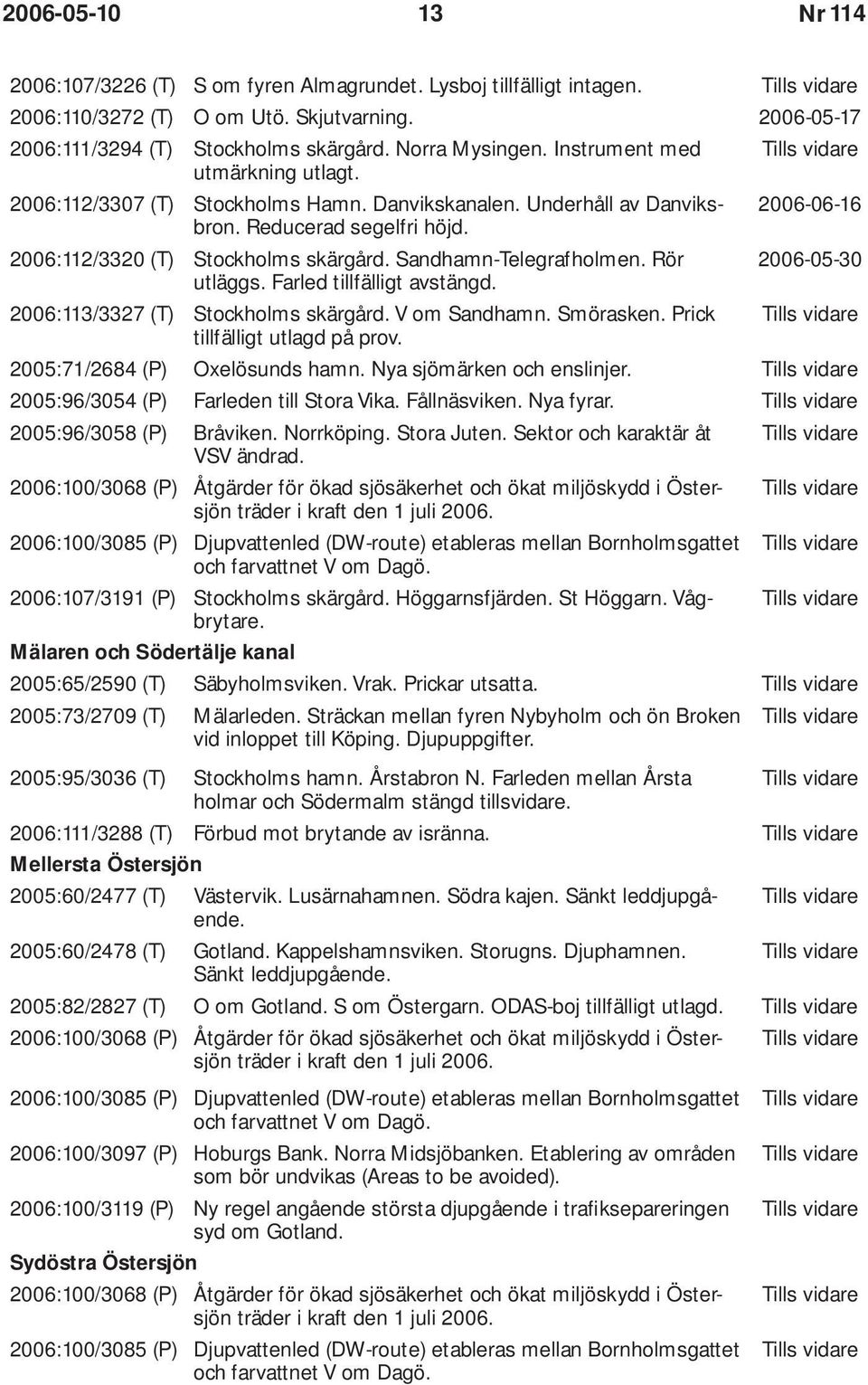 Sandhamn-Telegrafholmen. Rör 2006-05-30 utläggs. Farled tillfälligt avstängd. 2006:113/3327 (T) Stockholms skärgård. V om Sandhamn. Smörasken. Prick tillfälligt utlagd på prov.