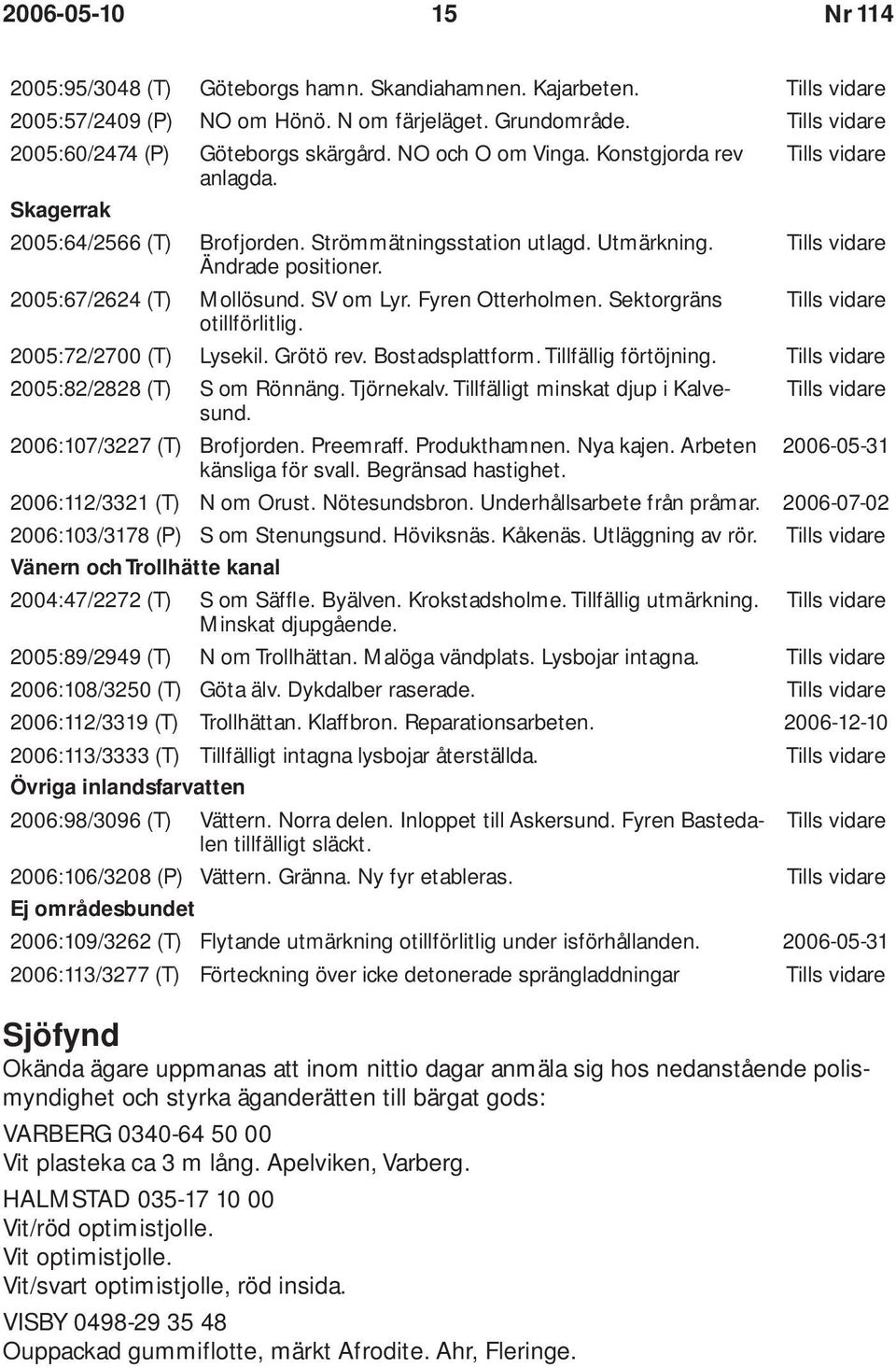 Sektorgräns otillförlitlig. 2005:72/2700 (T) Lysekil. Grötö rev. Bostadsplattform. Tillfällig förtöjning. 2005:82/2828 (T) S om Rönnäng. Tjörnekalv. Tillfälligt minskat djup i Kalvesund.