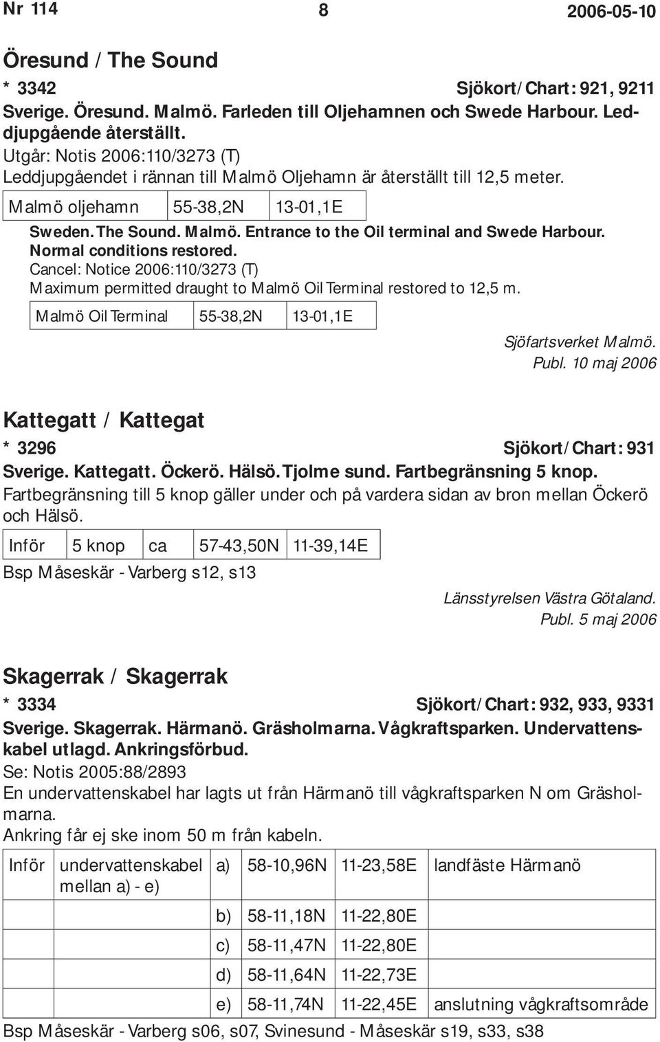 Normal conditions restored. Cancel: Notice 2006:110/3273 (T) Maximum permitted draught to Malmö Oil Terminal restored to 12,5 m. Malmö Oil Terminal 55-38,2N 13-01,1E Sjöfartsverket Malmö.