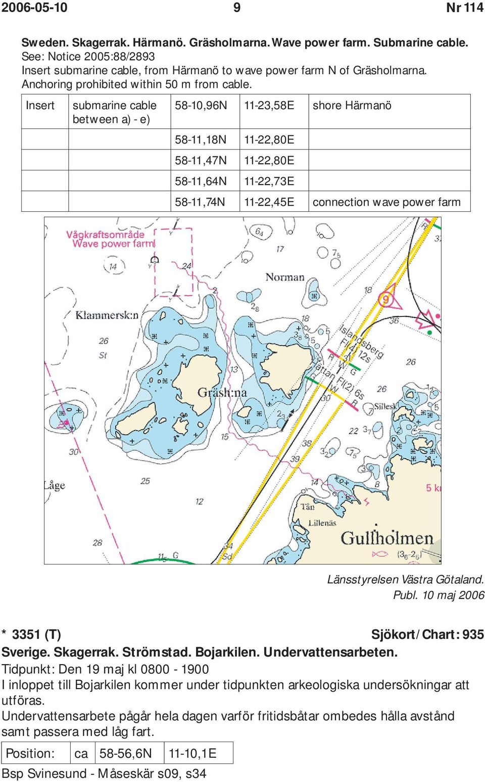 Insert submarine cable between a) - e) 58-10,96N 11-23,58E shore Härmanö 58-11,18N 11-22,80E 58-11,47N 11-22,80E 58-11,64N 11-22,73E 58-11,74N 11-22,45E connection wave power farm Länsstyrelsen