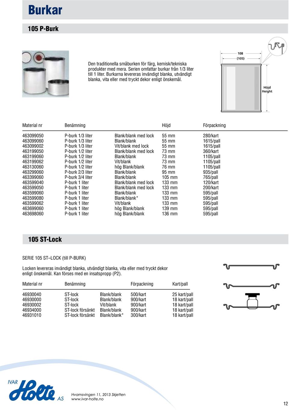 1 /3-1 Serie 105 P-Burk Material nr Benämning Höjd Förpackning Den traditionella småburken för färg, kemisk/tekniska 463099050 P-burk 1/3 Blank/blank med lock 55 280/kart produkter med mera.