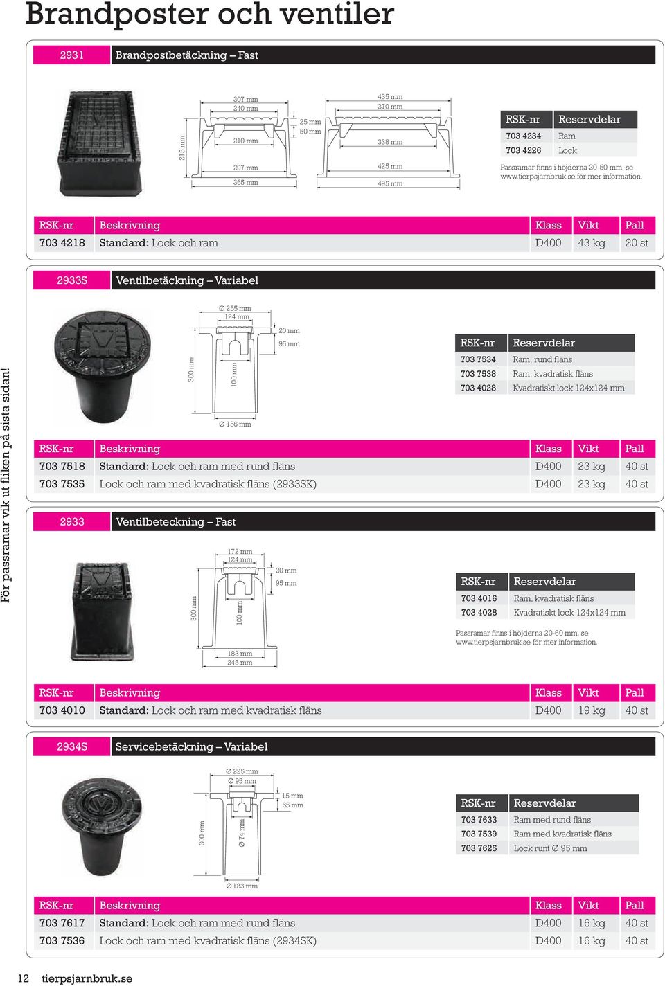 300 mm 703 7518 703 7518 Standard: Lock och ram med rund fläns D400 23 kg 40 st 703 7535 Lock och ram med kvadratisk fläns (2933SK) D400 23 kg 40 st 2933 Ventilbeteckning Fast 300 mm 703 4010 Ø 255