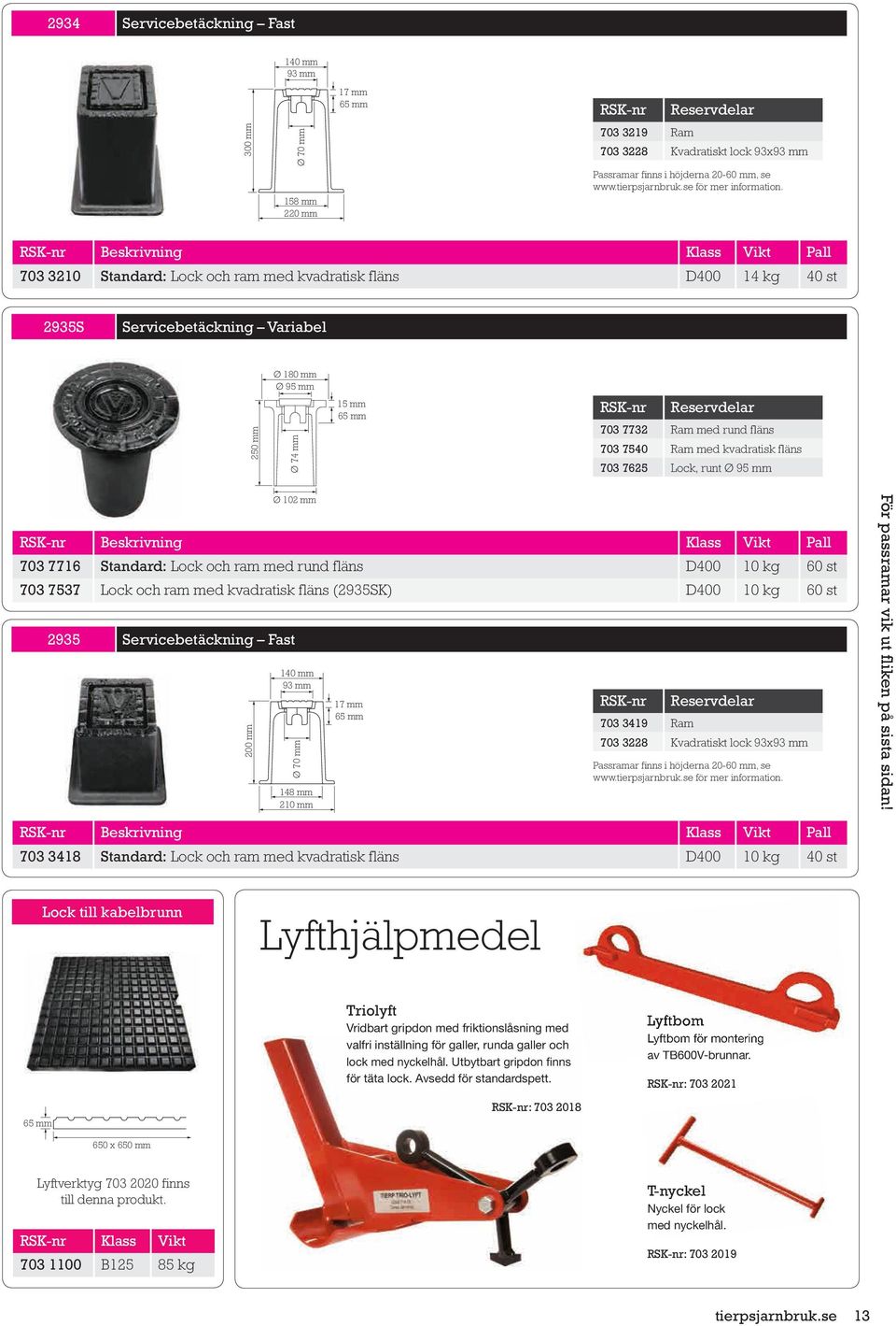 703 3210 Standard: Lock och ram med kvadratisk fläns D400 14 kg 40 st 2935S Servicebetäckning Variabel 703 7716 Ø 180 mm Ø 95 mm 250 mm Ø 74 mm 15 mm 65 mm ar 703 7732 Ram med rund fläns 703 7540 Ram