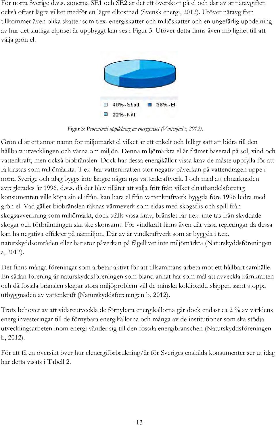 Utöver detta finns även möjlighet till att välja grön el. Figur 3: Procentuell uppdelning av energipriset (Vattenfall c, 2012).