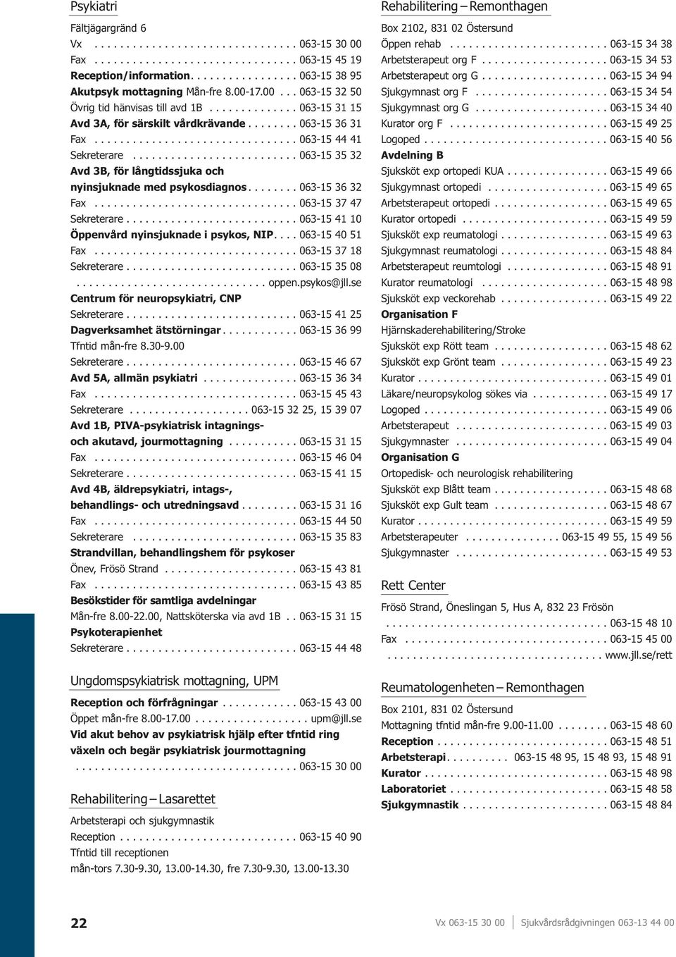 ......................... 063-15 35 32 Avd 3B, för långtidssjuka och nyinsjuknade med psykosdiagnos........ 063-15 36 32 Fax................................ 063-15 37 47 Sekreterare.