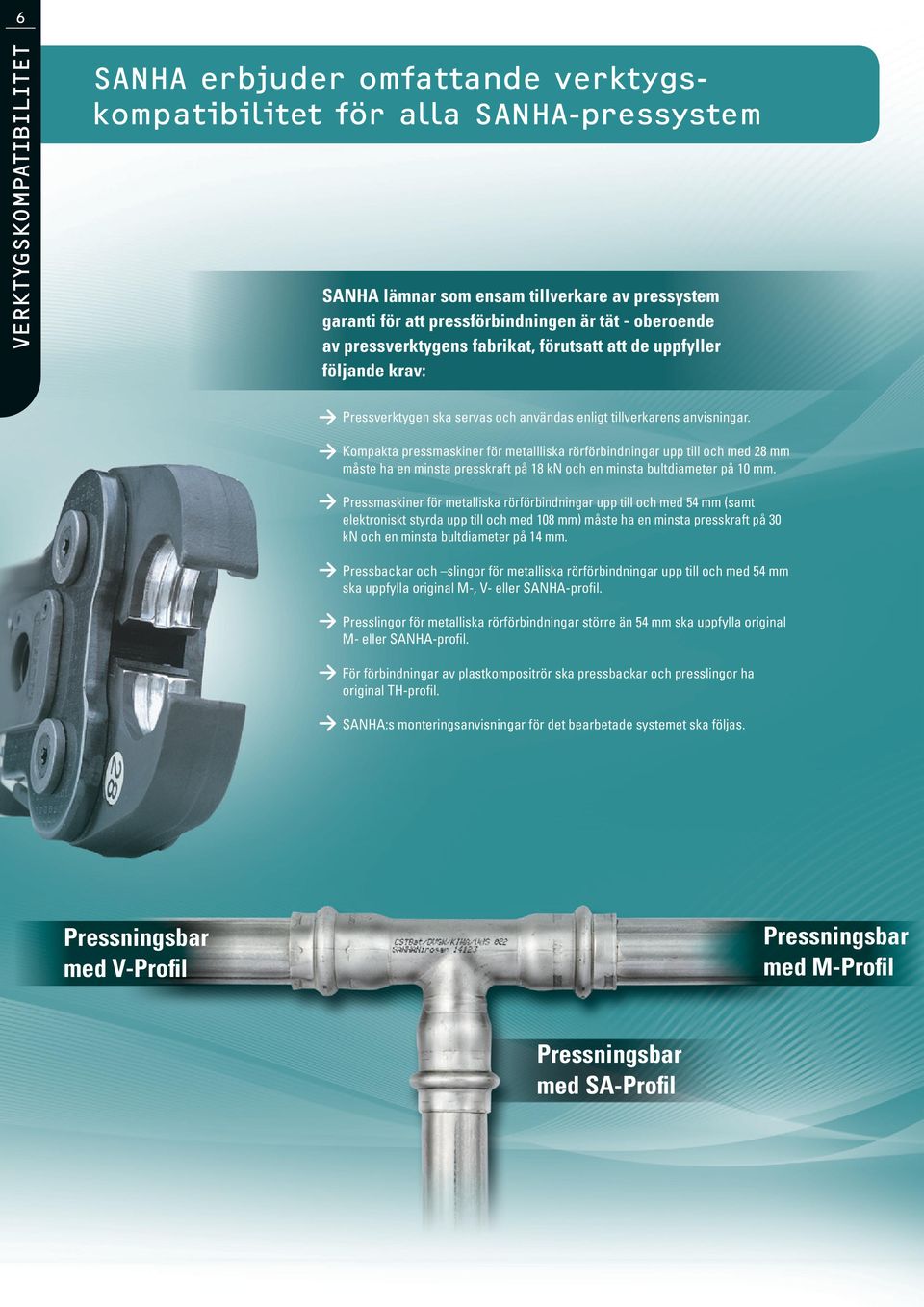 Kompakta pressmaskiner för metallliska rörförbindningar upp till och med 28 mm måste ha en minsta presskraft på 18 kn och en minsta bultdiameter på 10 mm.