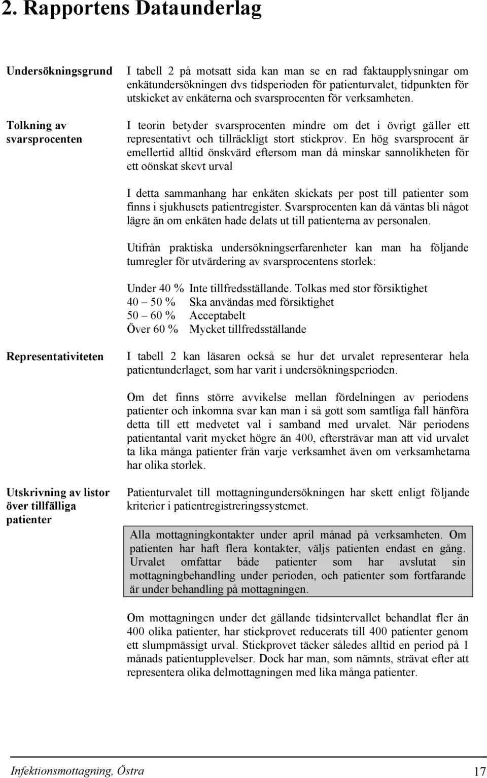 En hög svarsprocent är emellertid alltid önskvärd eftersom man då minskar sannolikheten för ett oönskat skevt urval I detta sammanhang har enkäten skickats per post till patienter som finns i