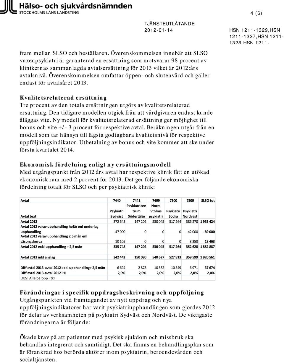 Överenskommelsen omfattar öppen- och slutenvård och gäller endast för avtalsåret 2013. Kvalitetsrelaterad ersättning Tre procent av den totala ersättningen utgörs av kvalitetsrelaterad ersättning.