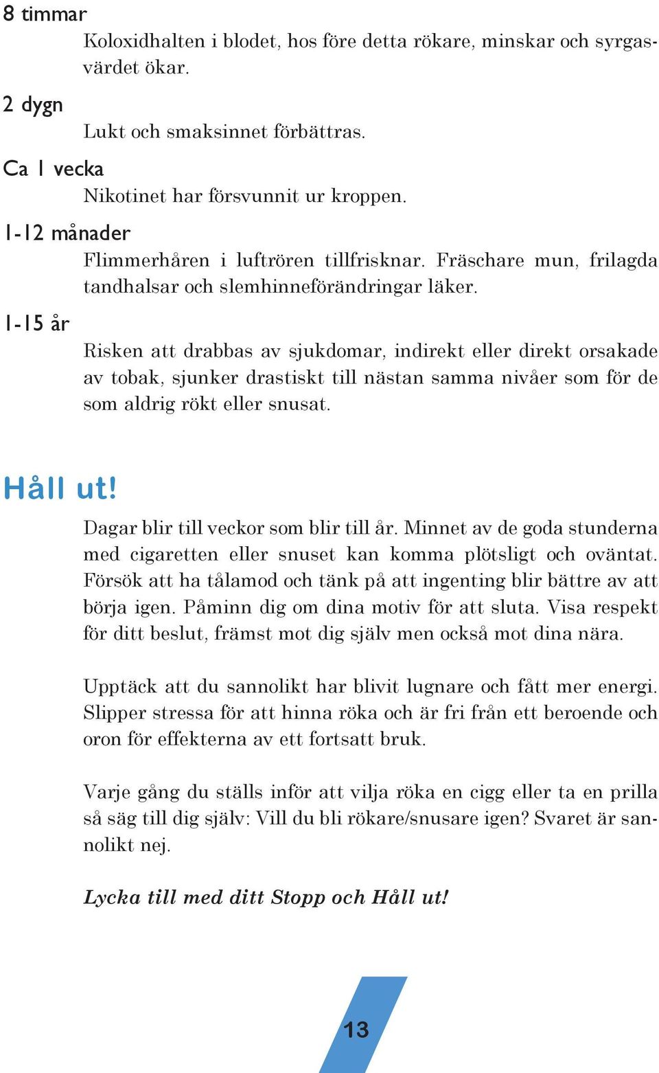 1-15 år Riske att drabbas av sjukdomar, idirekt eller direkt orsakade av tobak, sjuker drastiskt till ästa samma ivåer som för de som aldrig rökt eller susat. Håll ut!