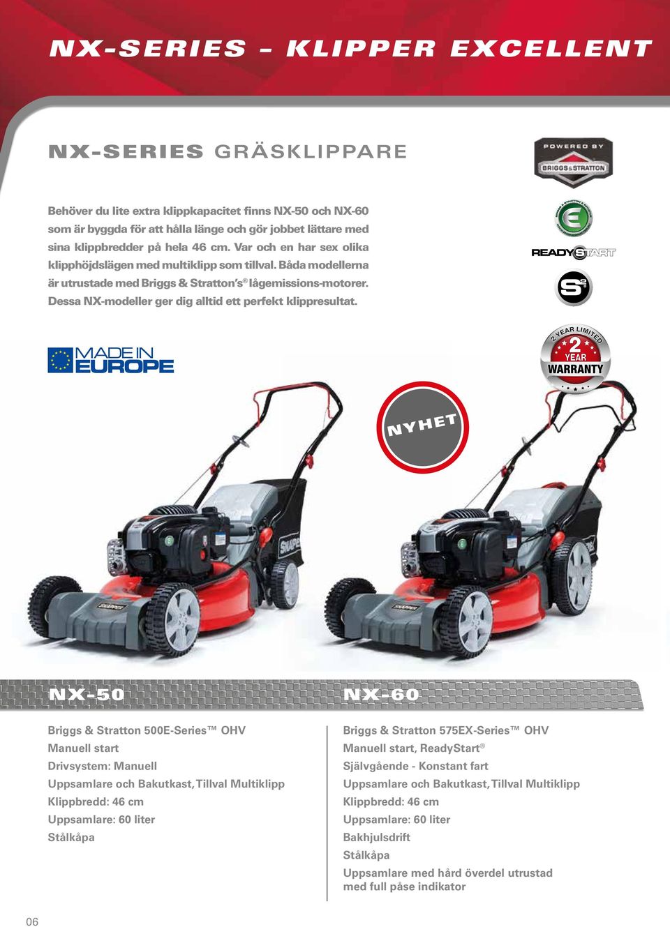 YEAR YEAR LIMITED NYHET NX50 NX60 500ESeries OHV Manuell start Drivsystem: Manuell Uppsamlare och Bakutkast, Multiklipp Klippbredd: 46 cm Uppsamlare: 60 liter kåpa 575EXSeries OHV Manuell