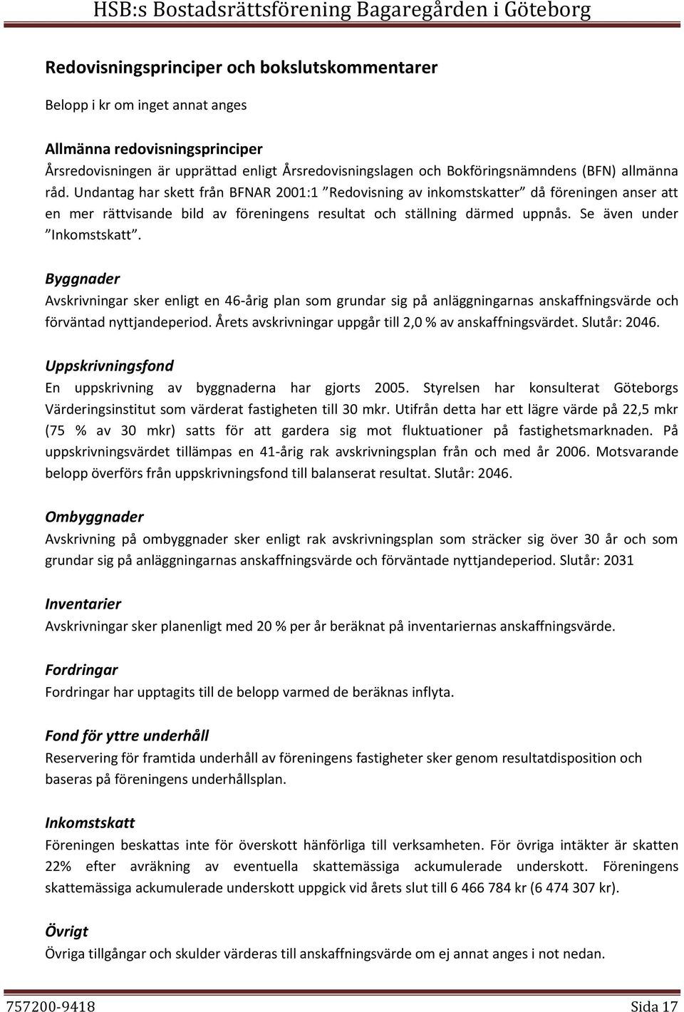 Se även under Inkomstskatt. Byggnader Avskrivningar sker enligt en 46-årig plan som grundar sig på anläggningarnas anskaffningsvärde och förväntad nyttjandeperiod.