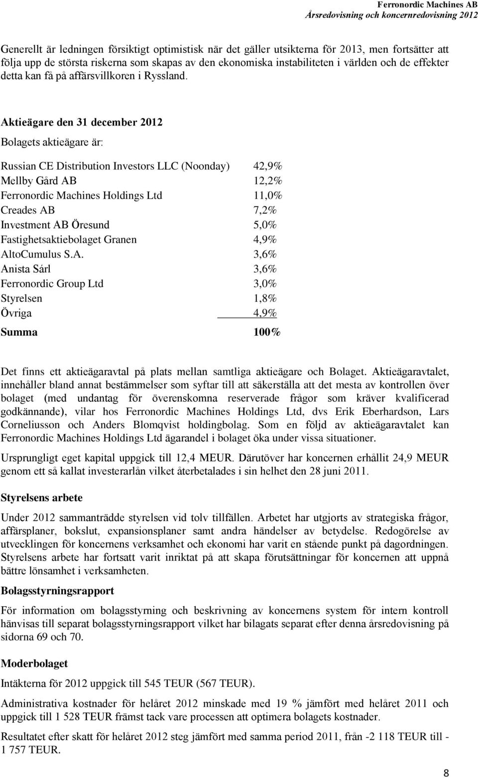 Aktieägare den 31 december 2012 Bolagets aktieägare är: Russian CE Distribution Investors LLC (Noonday) 42,9% Mellby Gård AB 12,2% Ferronordic Machines Holdings Ltd 11,0% Creades AB 7,2% Investment