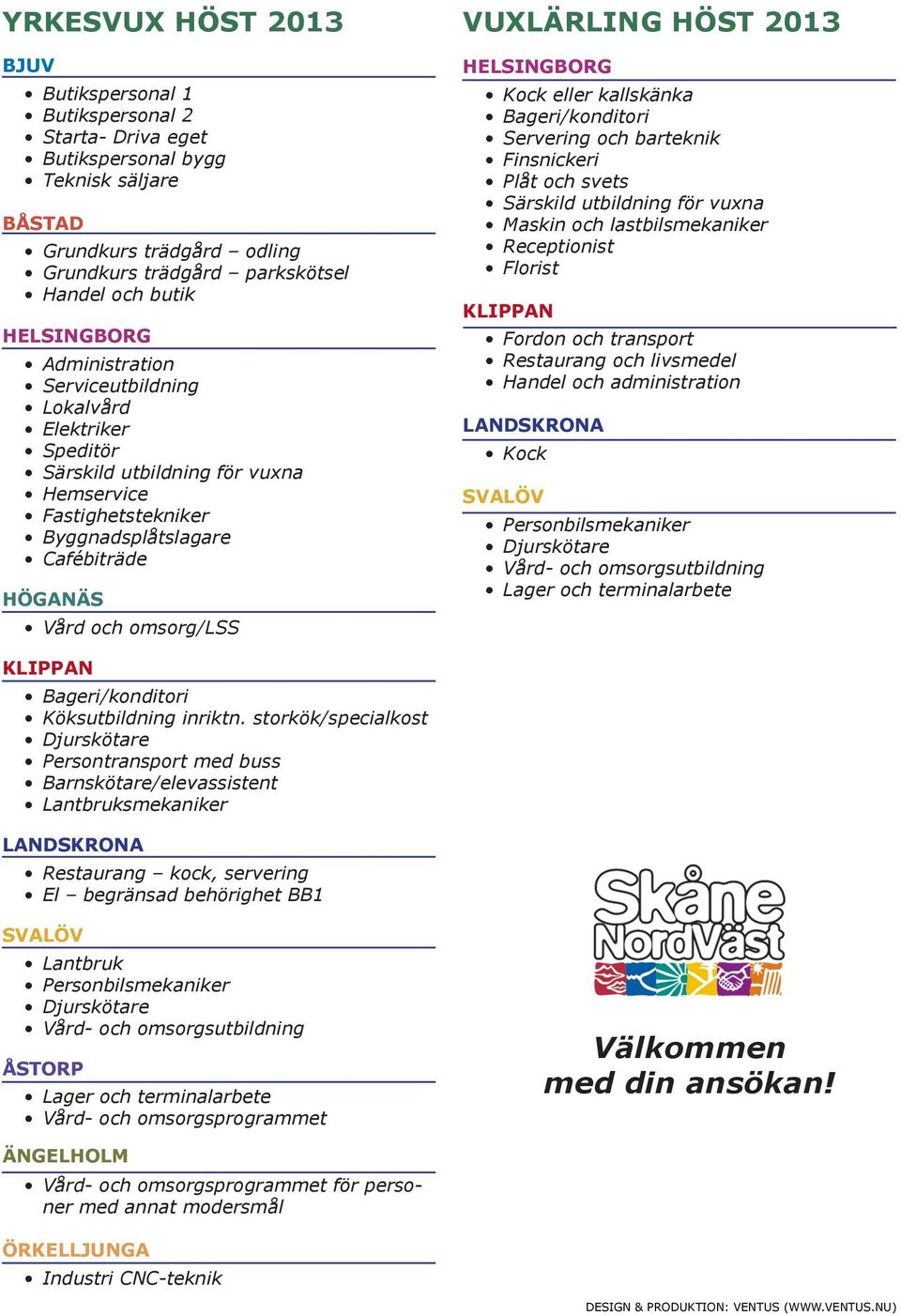 VUXLÄRLING HÖST 2013 HELSINGBORG Kock eller kallskänka Bageri/konditori Servering och barteknik Finsnickeri Plåt och svets Särskild utbildning för vuxna Maskin och lastbilsmekaniker Receptionist