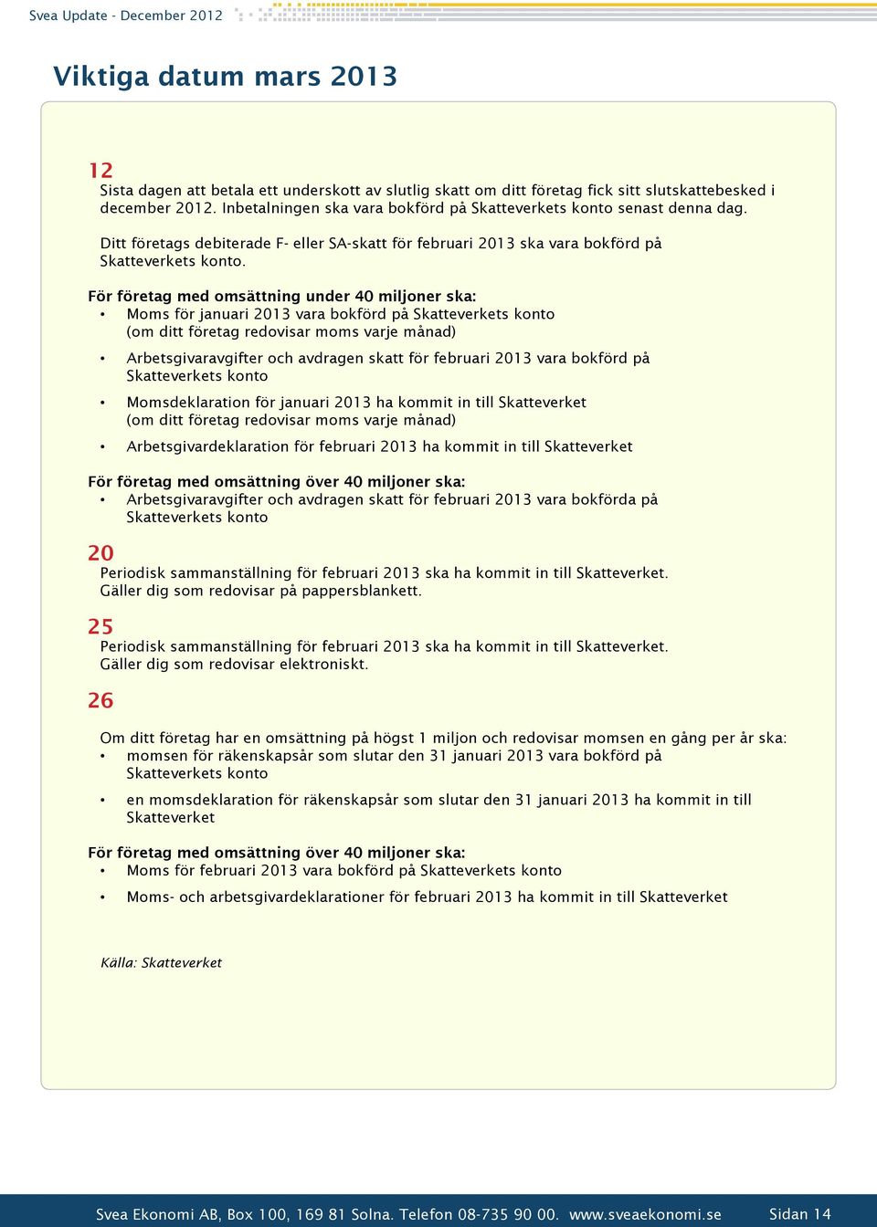 För företag med omsättning under 40 miljoner ska: Moms för januari 2013 vara bokförd på Skatteverkets konto (om ditt företag redovisar moms varje månad) Arbetsgivaravgifter och avdragen skatt för