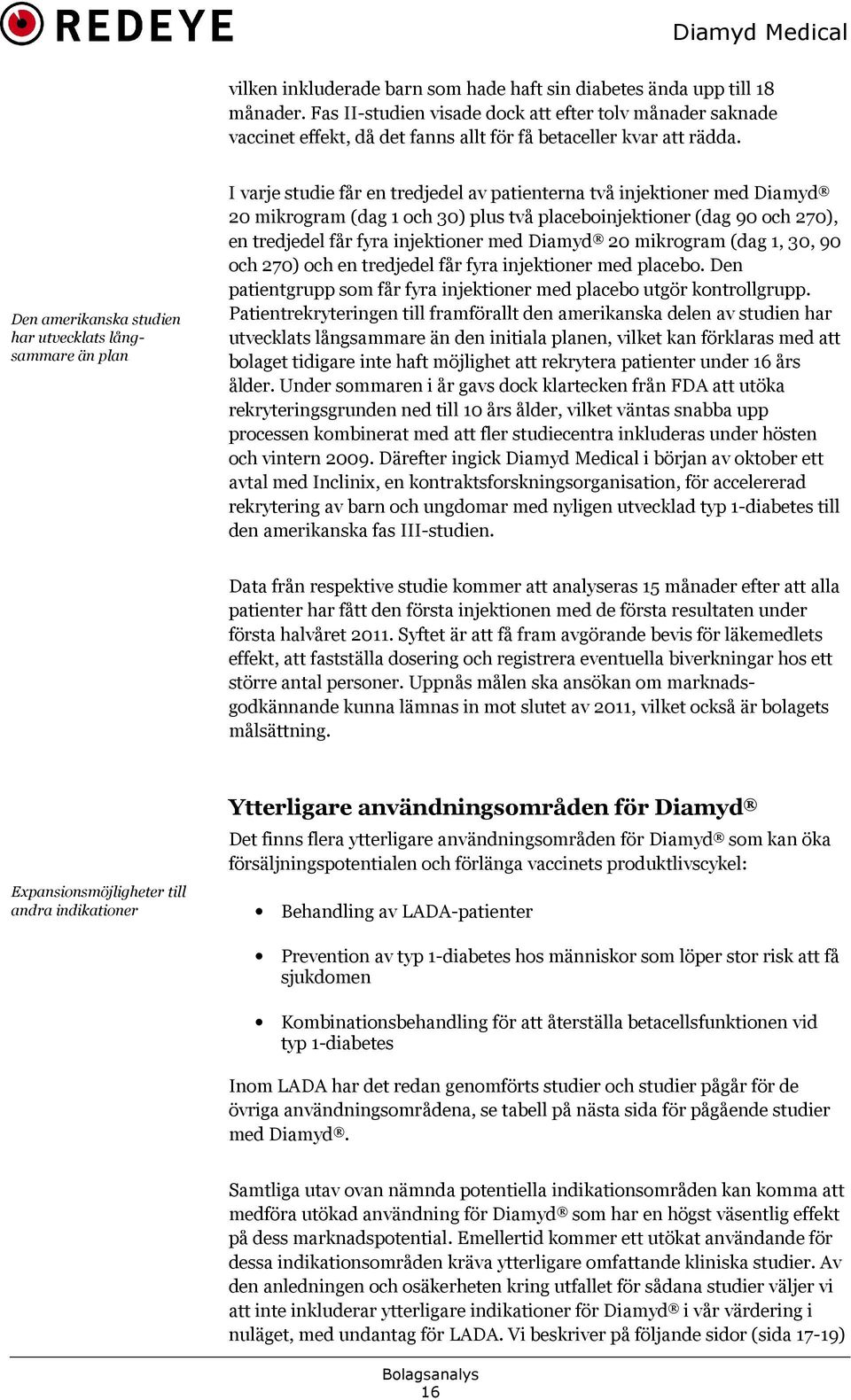 Den amerikanska studien har utvecklats långsammare än plan I varje studie får en tredjedel av patienterna två injektioner med Diamyd 20 mikrogram (dag 1 och 30) plus två placeboinjektioner (dag 90