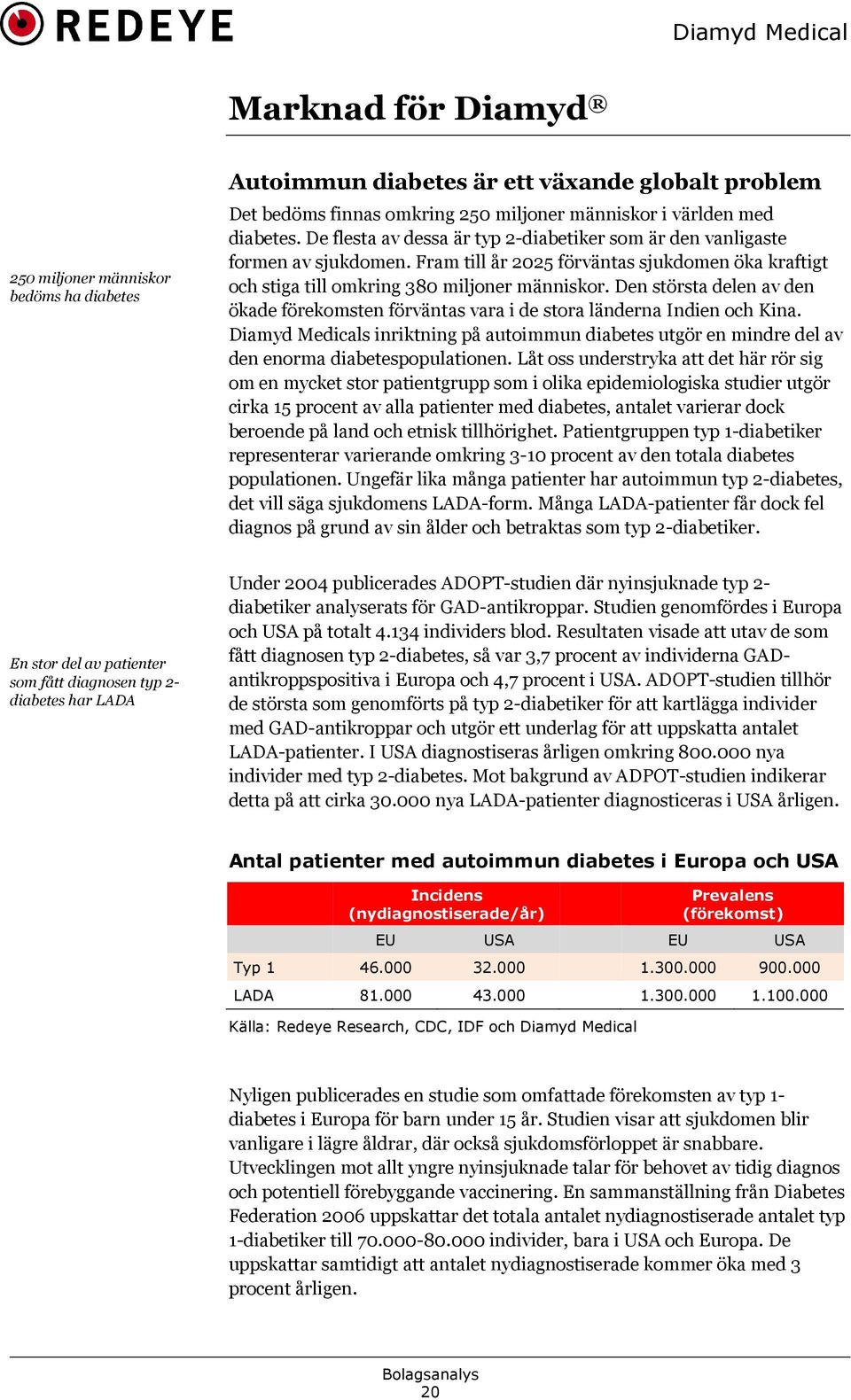 Den största delen av den ökade förekomsten förväntas vara i de stora länderna Indien och Kina. Diamyd Medicals inriktning på autoimmun diabetes utgör en mindre del av den enorma diabetespopulationen.