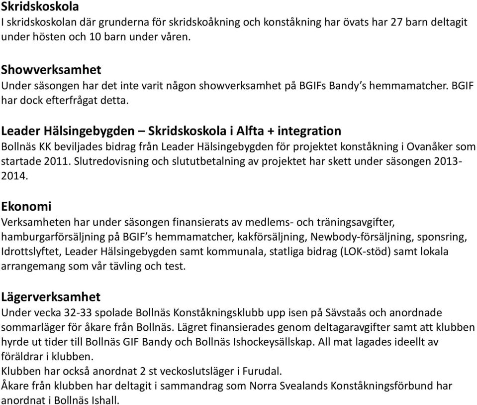 Leader Hälsingebygden Skridskoskola i Alfta + integration Bollnäs KK beviljades bidrag från Leader Hälsingebygden för projektet konståkning i Ovanåker som startade 2011.