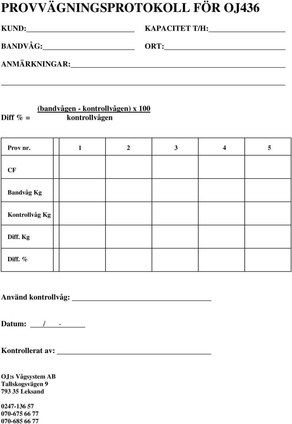 1 2 3 4 5 CF Bandvåg Kg Kontrollvåg Kg Diff.