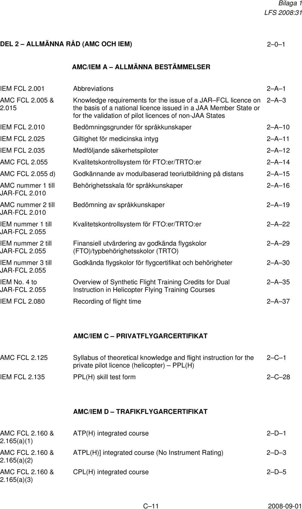 010 Bedömningsgrunder för språkkunskaper 2 A 10 IEM FCL 2.025 Giltighet för medicinska intyg 2 A 11 IEM FCL 2.035 Medföljande säkerhetspiloter 2 A 12 AMC FCL 2.