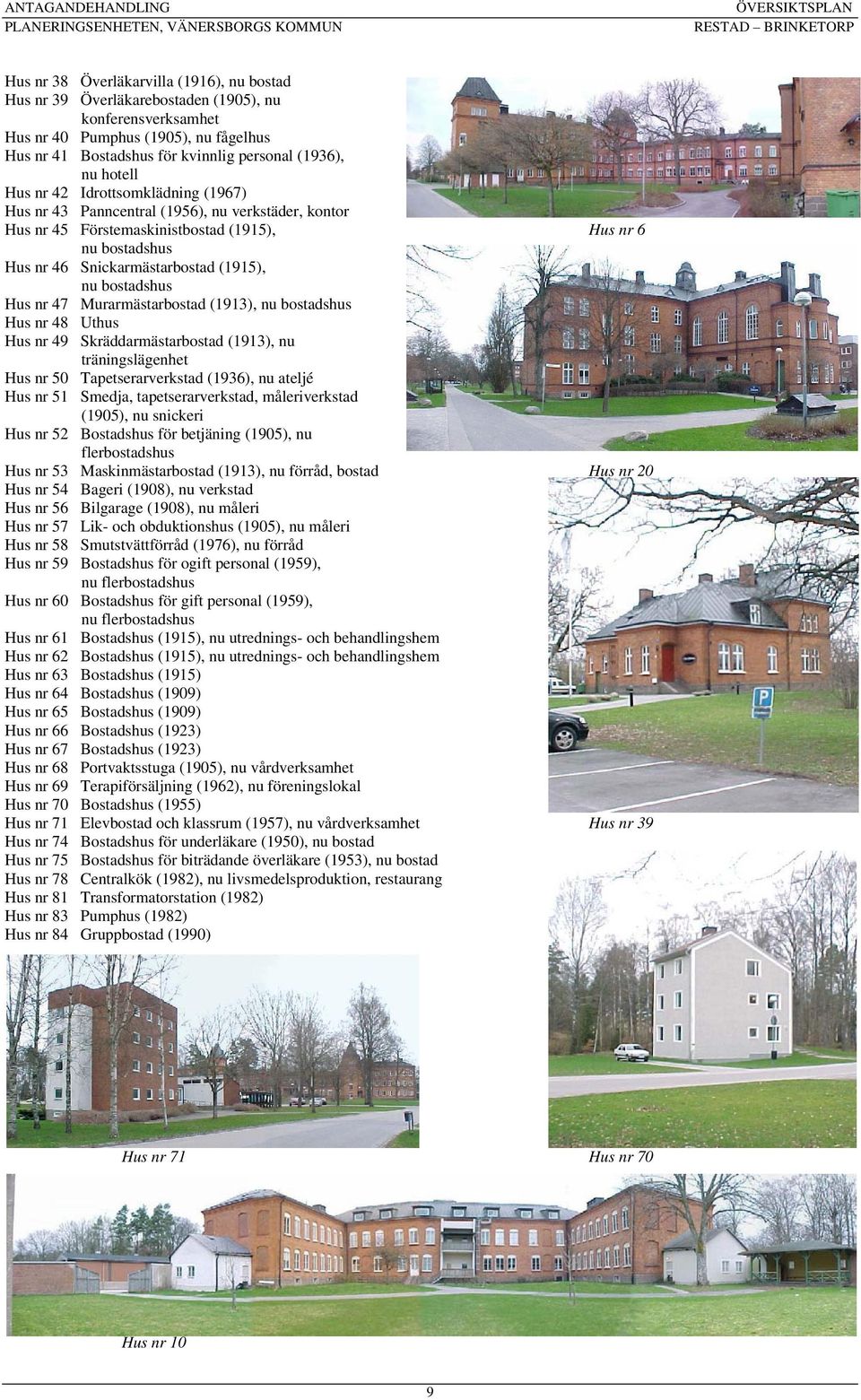 Murarmästarbostad (9), nu bostadshus Hus nr 8 Uthus Hus nr 9 Skräddarmästarbostad (9), nu träningslägenhet Hus nr 50 Tapetserarverkstad (9), nu ateljé Hus nr 5 Smedja, tapetserarverkstad,