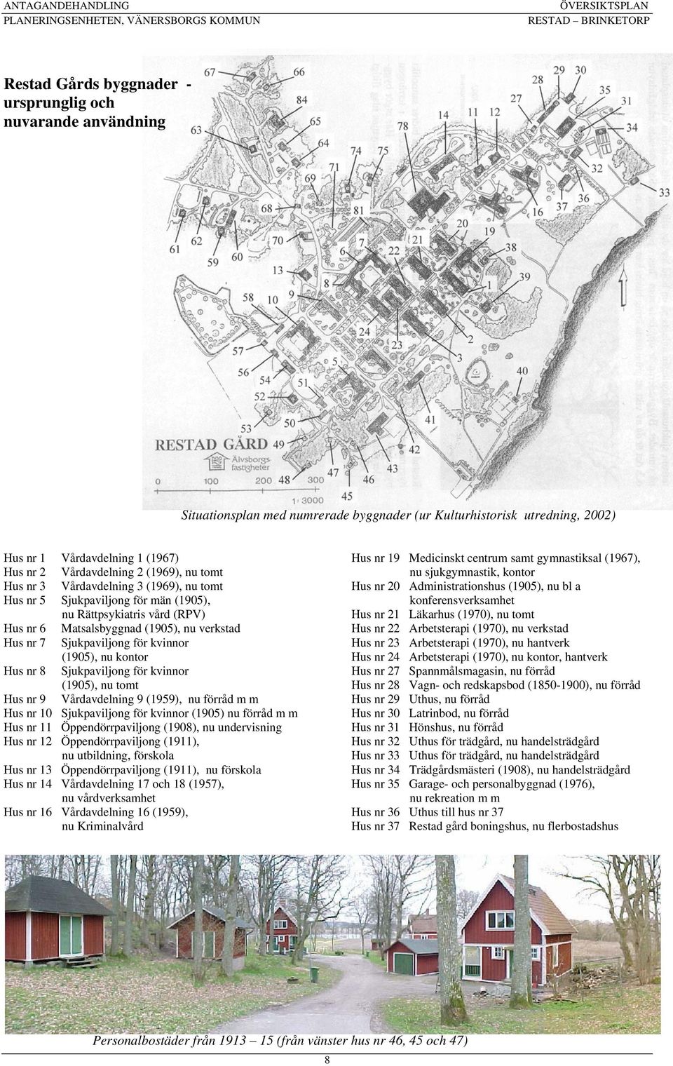 nr 8 Sjukpaviljong för kvinnor (905), nu tomt Hus nr 9 Vårdavdelning 9 (959), nu förråd m m Hus nr 0 Sjukpaviljong för kvinnor (905) nu förråd m m Hus nr Öppendörrpaviljong (908), nu undervisning Hus