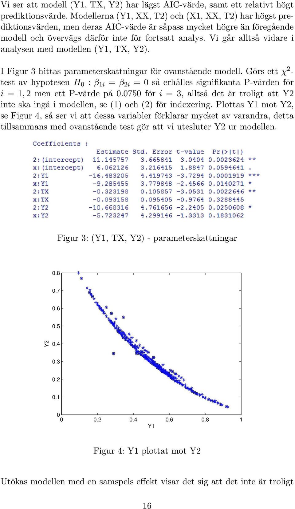 Vi går alltså vidare i analysen med modellen (Y1, TX, Y2). I Figur 3 hittas parameterskattningar för ovanstående modell.