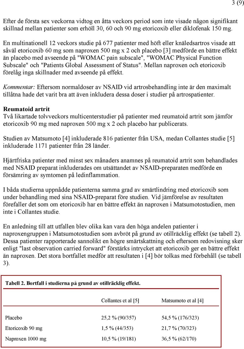 avseende på "WOMAC pain subscale", "WOMAC Physical Function Subscale" och "Patients Global Assessment of Status". Mellan naproxen och etoricoxib förelåg inga skillnader med avseende på effekt.