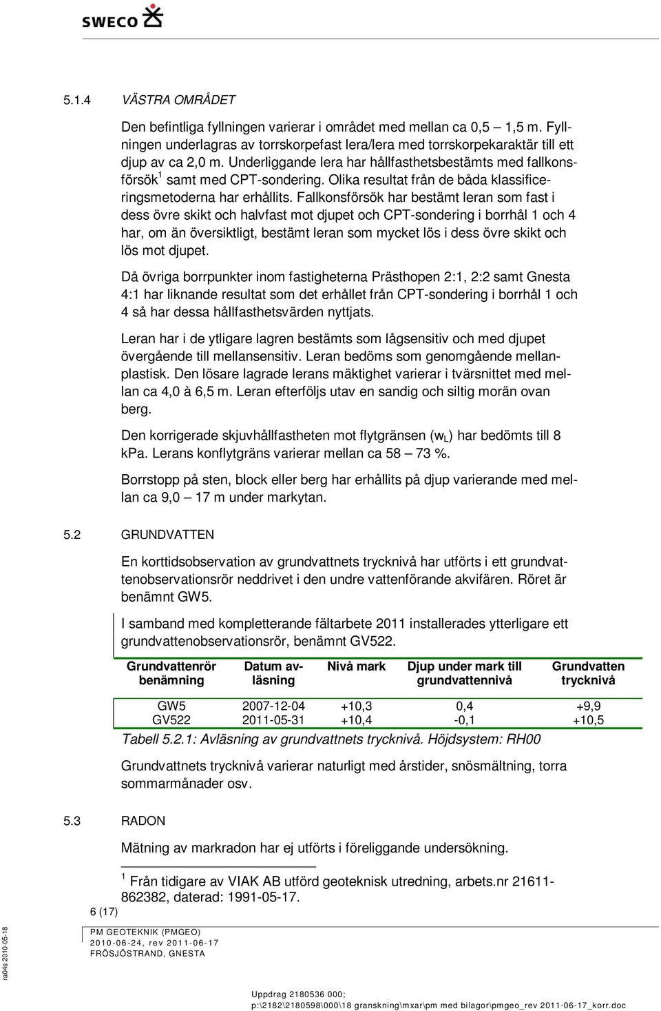 Fallkonsförsök har bestämt leran som fast i dess övre skikt och halvfast mot djupet och CPT-sondering i borrhål 1 och 4 har, om än översiktligt, bestämt leran som mycket lös i dess övre skikt och lös