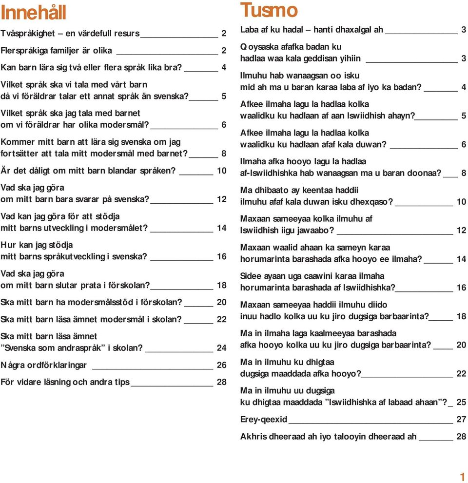 6 Kommer mitt barn att lära sig svenska om jag fortsätter att tala mitt modersmål med barnet? 8 Är det dåligt om mitt barn blandar språken? 10 Vad ska jag göra om mitt barn bara svarar på svenska?
