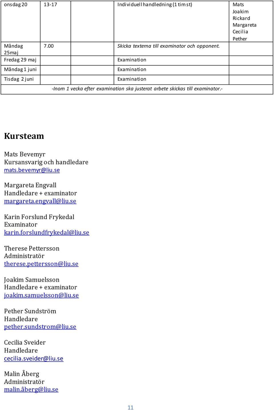 - Kursteam Mats Bevemyr Kursansvarig och handledare mats.bevemyr@liu.se Margareta Engvall Handledare + examinator margareta.engvall@liu.se Karin Forslund Frykedal Examinator karin.