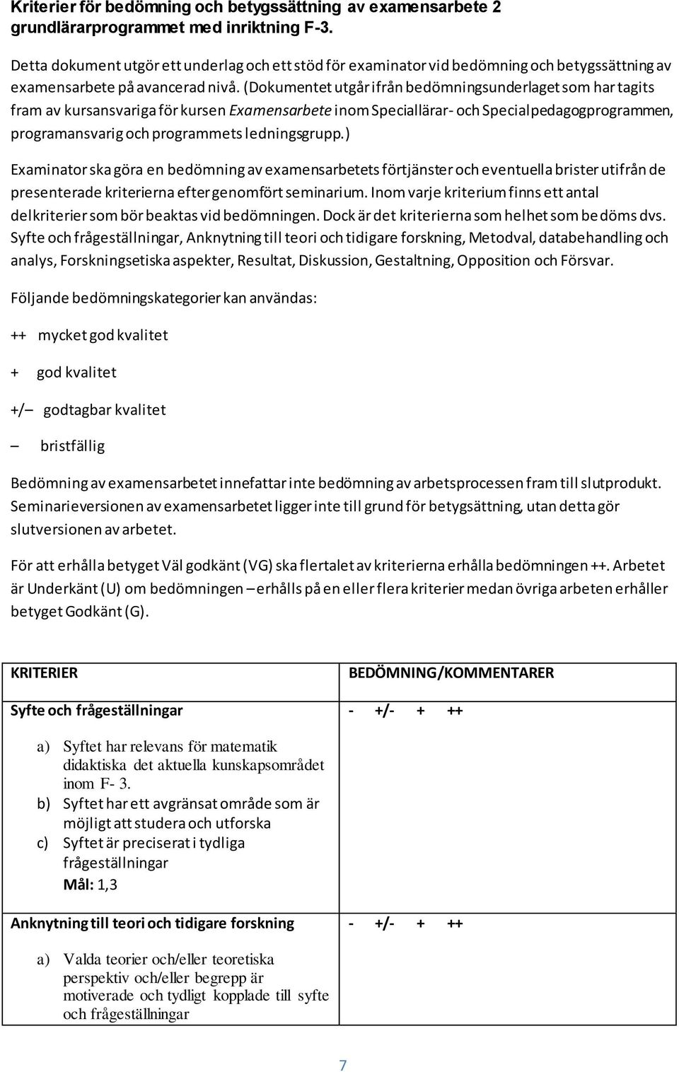 (Dokumentet utgår ifrån bedömningsunderlaget som har tagits fram av kursansvariga för kursen Examensarbete inom Speciallärar- och Specialpedagogprogrammen, programansvarig och programmets